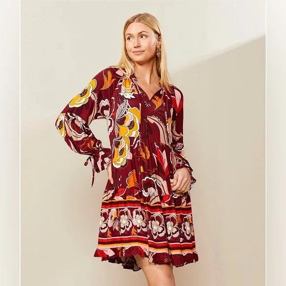 NWT Gibson Latimer Burgundy Floral Midi Dress - Picture 2 of 10